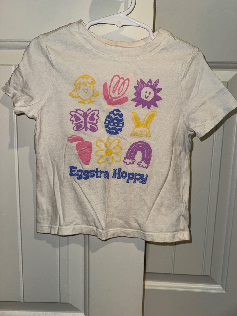 Old Navy White Tee with Pastel Yellow Pink Purple Easter Motifs